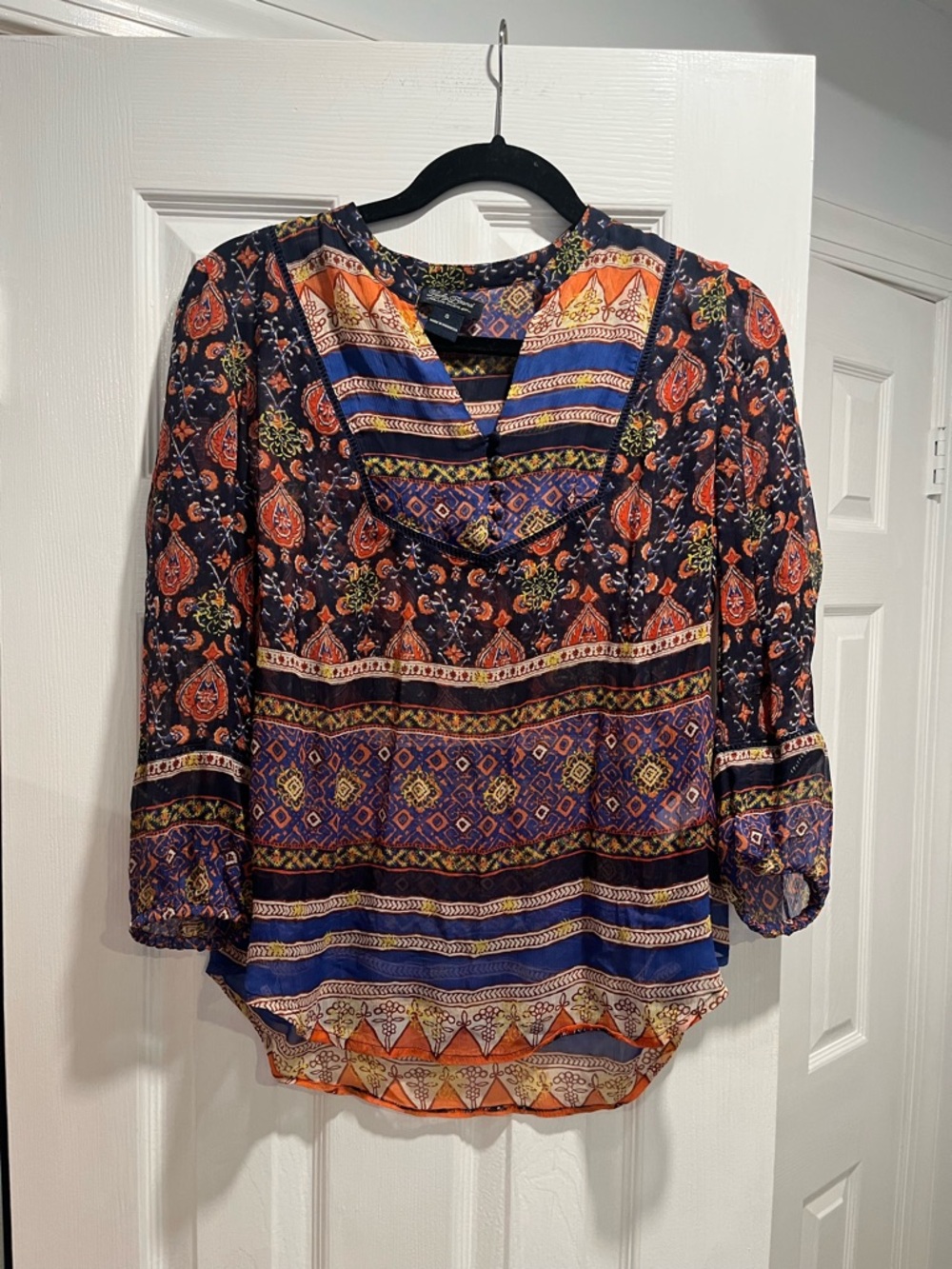 Lucky Brand Navy Multi Paisley & Stripe Sheer V-Neck Blouse